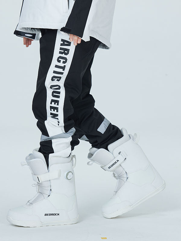 Women's white waterproof snow pants regular fit with bold reflective stripe for backcountry sports