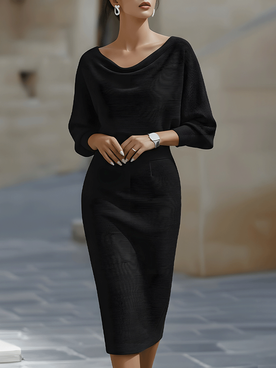 Ivory draped midi knit gown with fluid silhouette and elegant draped neckline for women