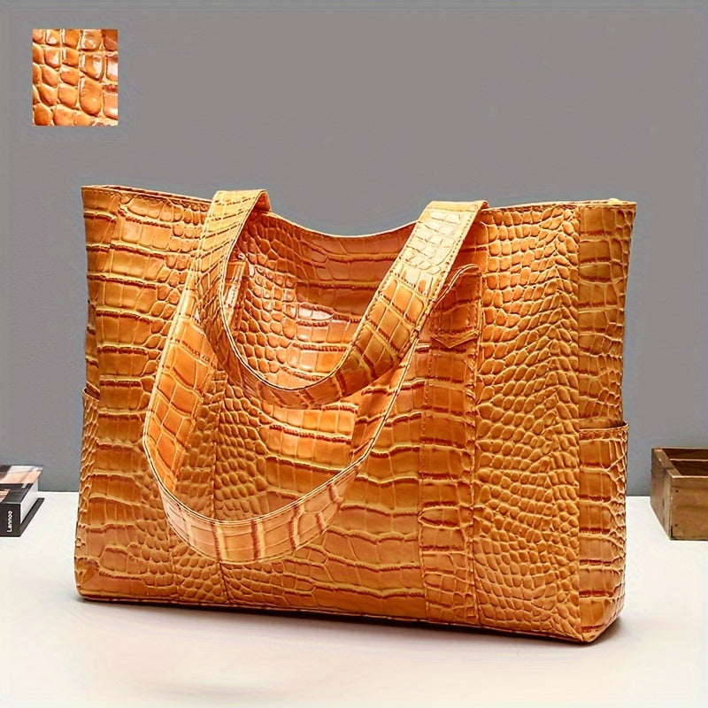 Women's large embossed shoulder tote bag with double straps and spacious interior for everyday use