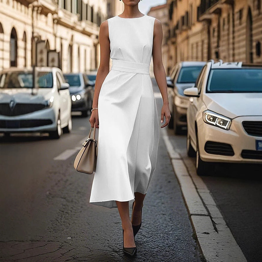 Renata sleeveless midi wrap dress with ruched draping, elegant workwear style for women