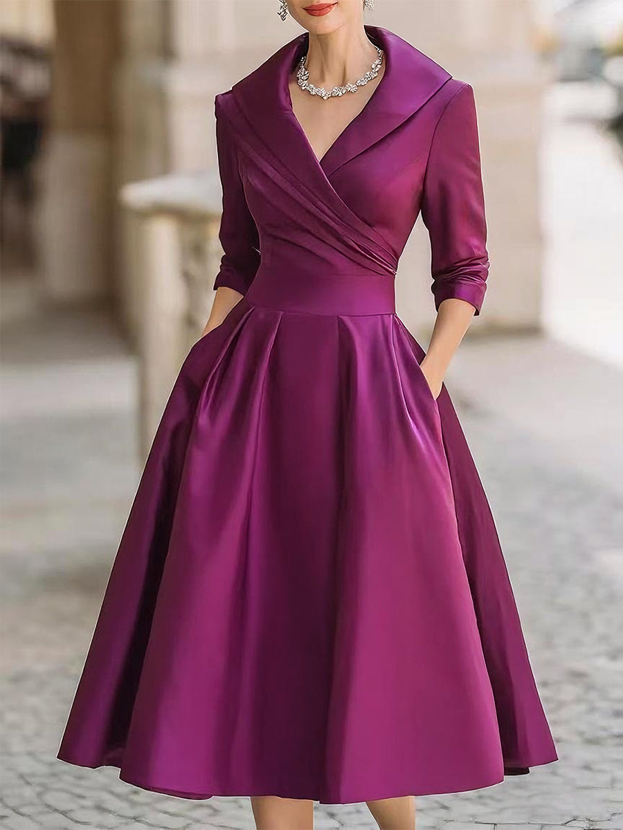 Women's black evening midi dress wrap collar flare silhouette formal dinner celebration