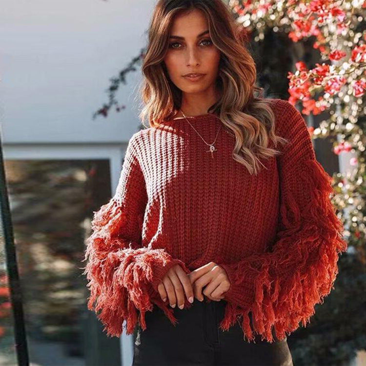 Women's chunky knit sweatshirt relaxed fit ribbed texture fringe sleeves cozy casual style