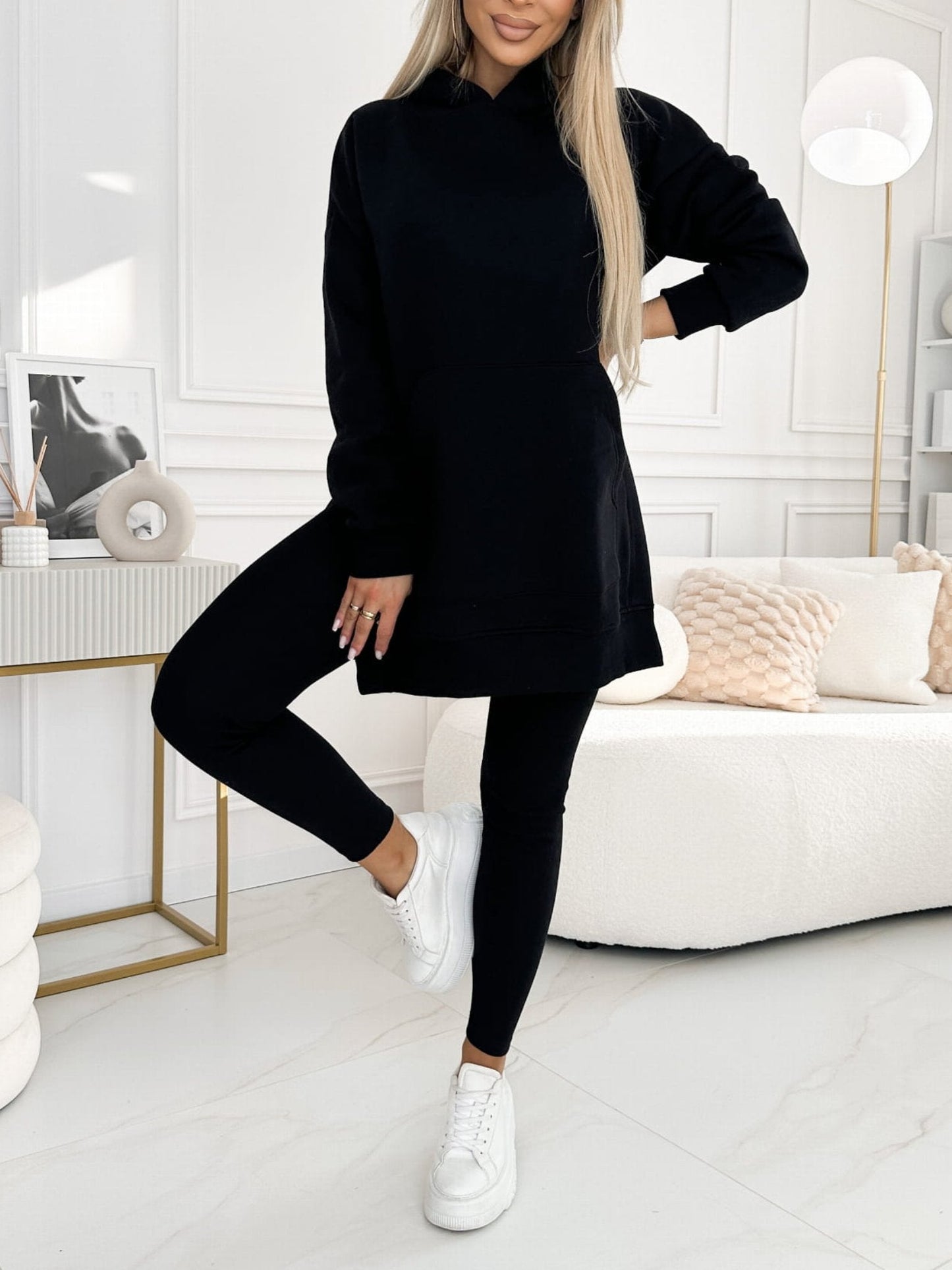 Women's solid color hoodie and lined leggings two-piece set casual minimalist spring fall outfit