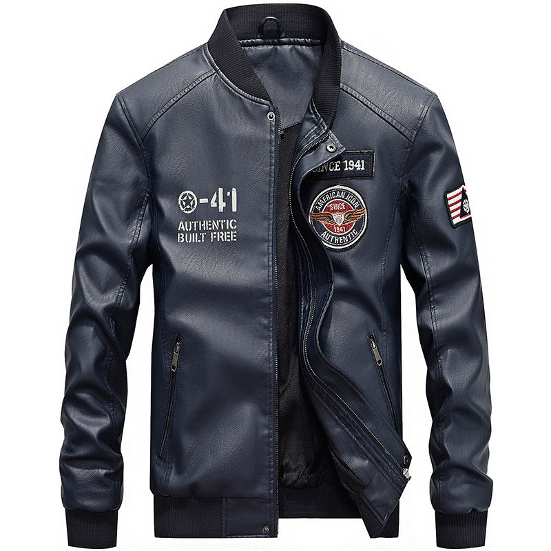Men's black PU leather regular fit baseball collar jacket with embroidered patches zipper closure
