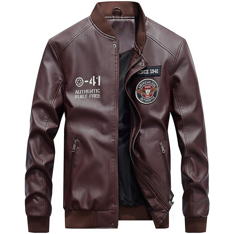 Men's black PU leather regular fit baseball collar jacket with embroidered patches and zipper closure