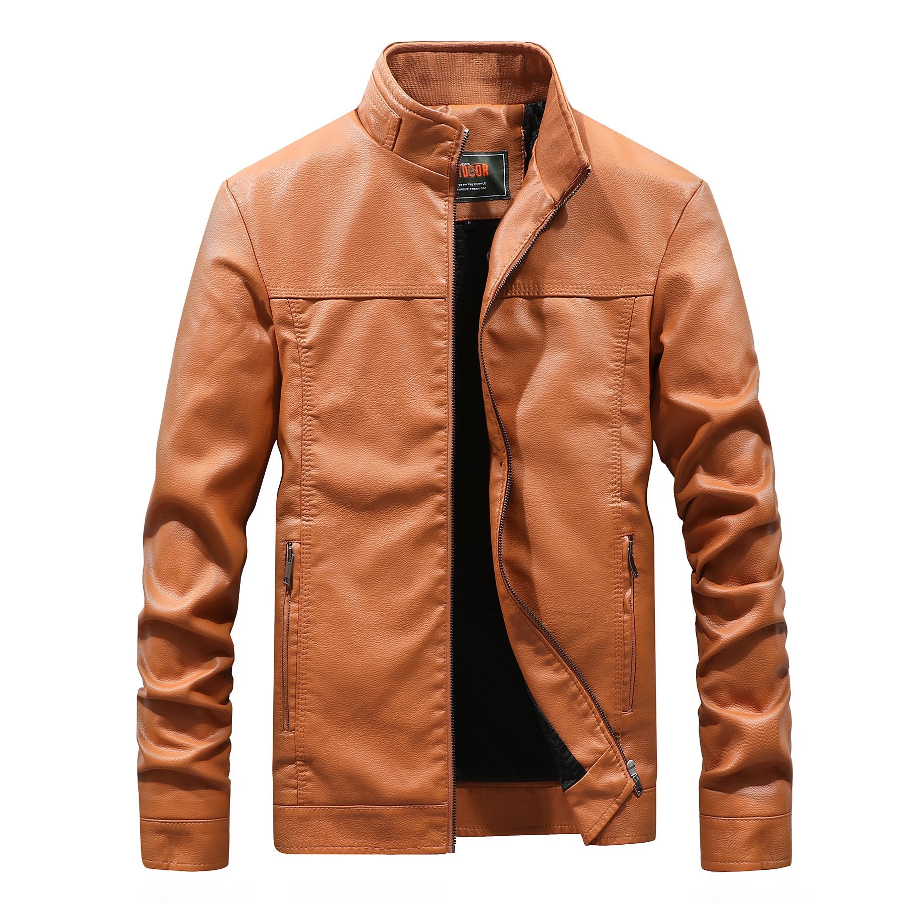 Men's slim fit black synthetic leather motorcycle jacket with stand collar and zipper details
