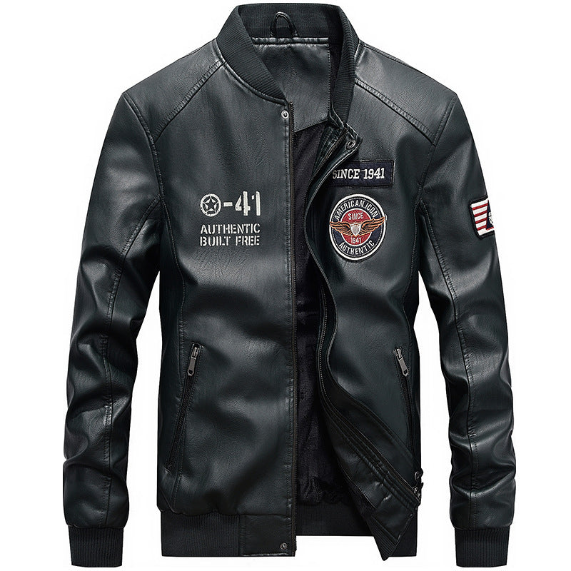 Men's black PU leather regular fit baseball collar jacket with embroidered patches and zipper closure