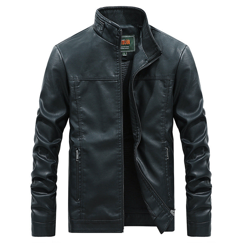 Men's slim fit black synthetic leather motorcycle jacket with stand collar and zipper details