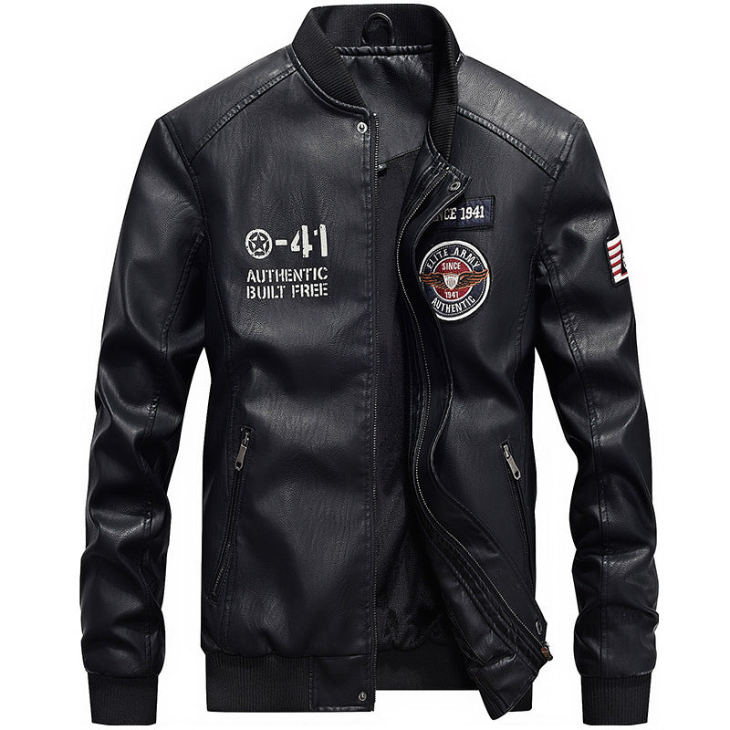 Men's black PU leather regular fit baseball collar jacket with embroidered patches and zipper closure
