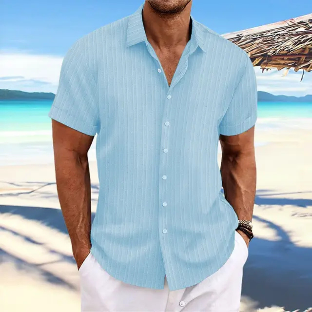 Men's striped short sleeve button-down shirt, lightweight breathable fabric for summer