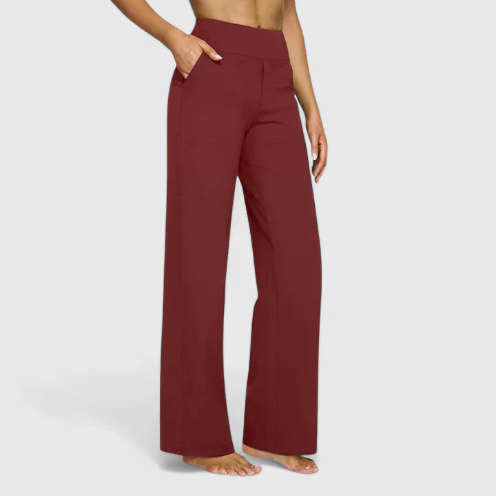 Women's high waist wide leg pants in neutral tone, flowing silhouette for effortless chic professional style