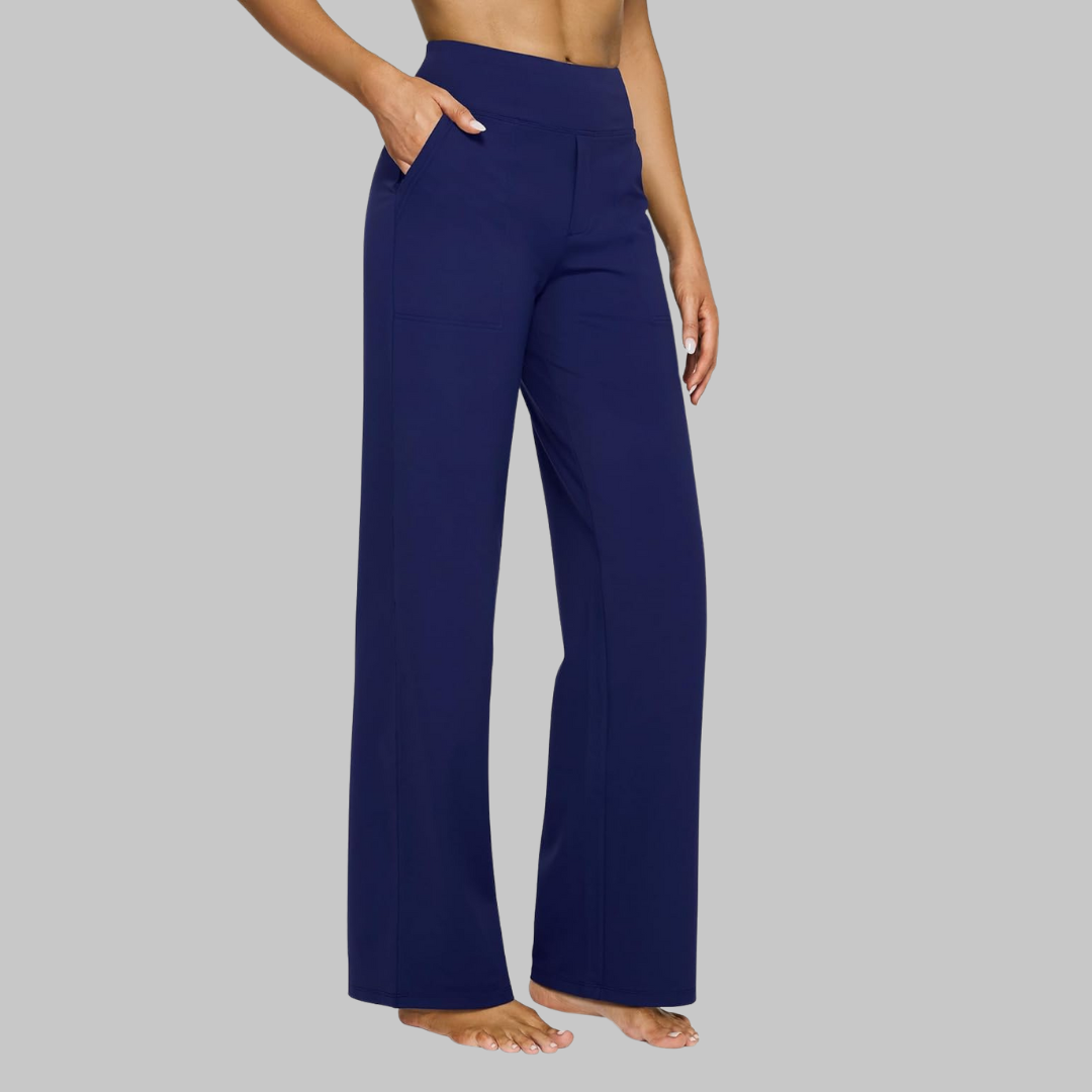 Black high-waist straight-leg performance pants for women with smooth sculpting waistband