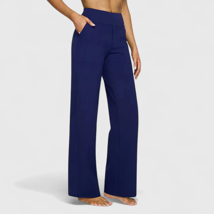 Women's high waist wide leg pants in neutral tone, flowing silhouette with flattering waistband for professionals
