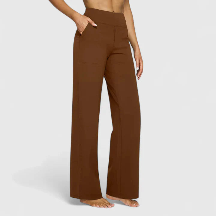 Women's high waist wide leg pants in neutral tone, flowing silhouette for effortless chic professional style