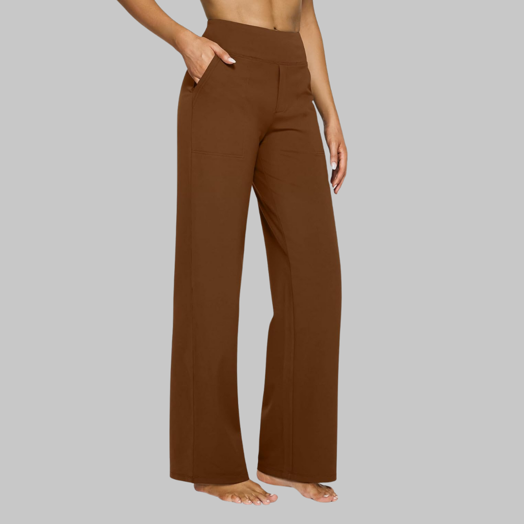 Black high-waist straight-leg performance pants for women with smooth sculpting waistband