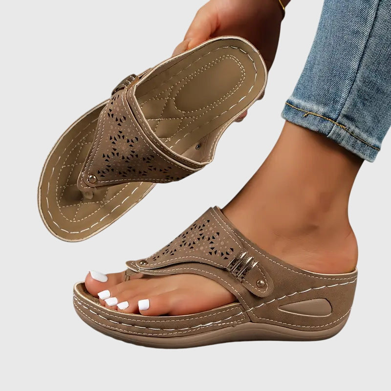 Cleo | Women's Wedge Toe Loop Sandals with Laser Cut Detail