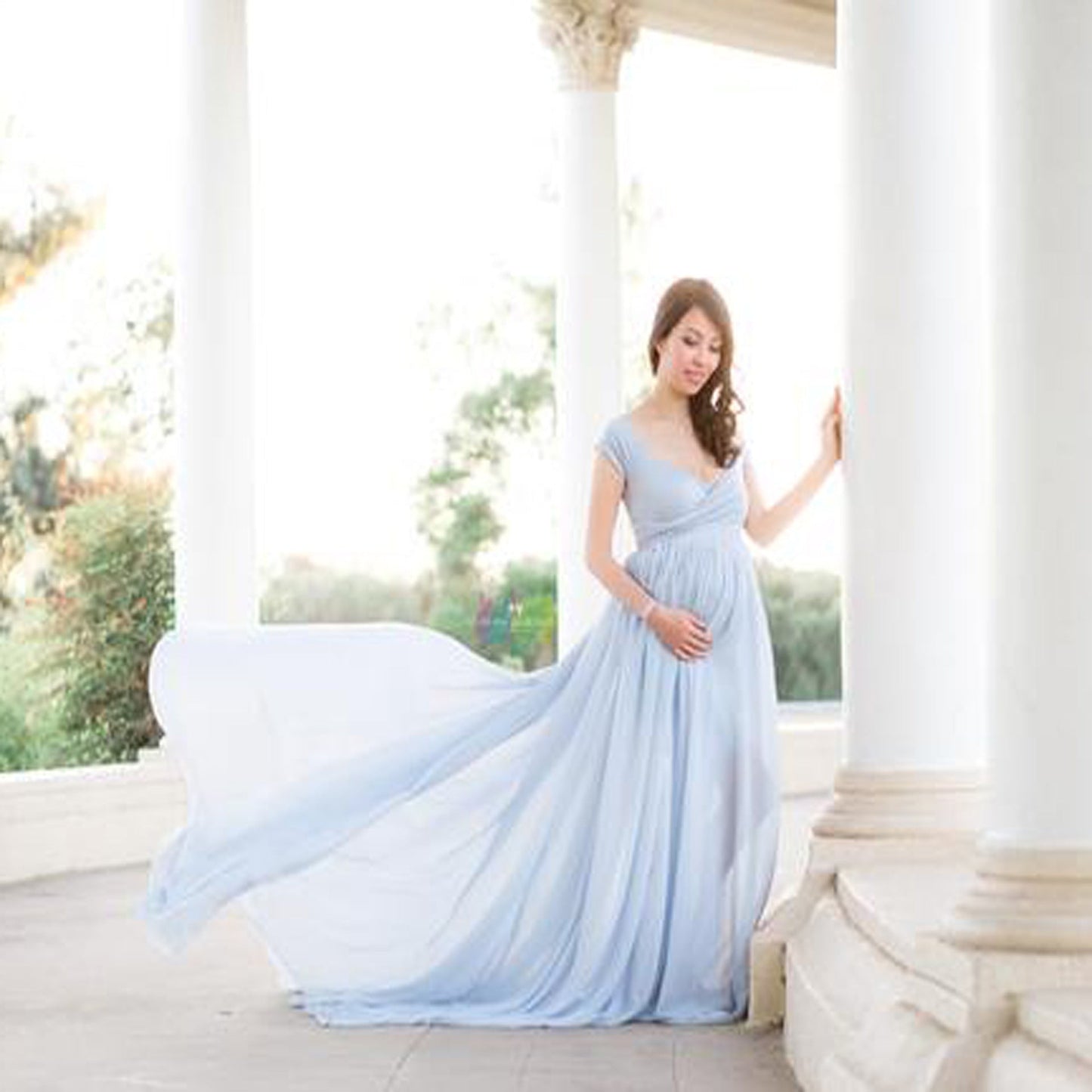 Cynthia maternity wrap gown ankle-length dress with self-tie waist and flattering silhouette for expectant moms