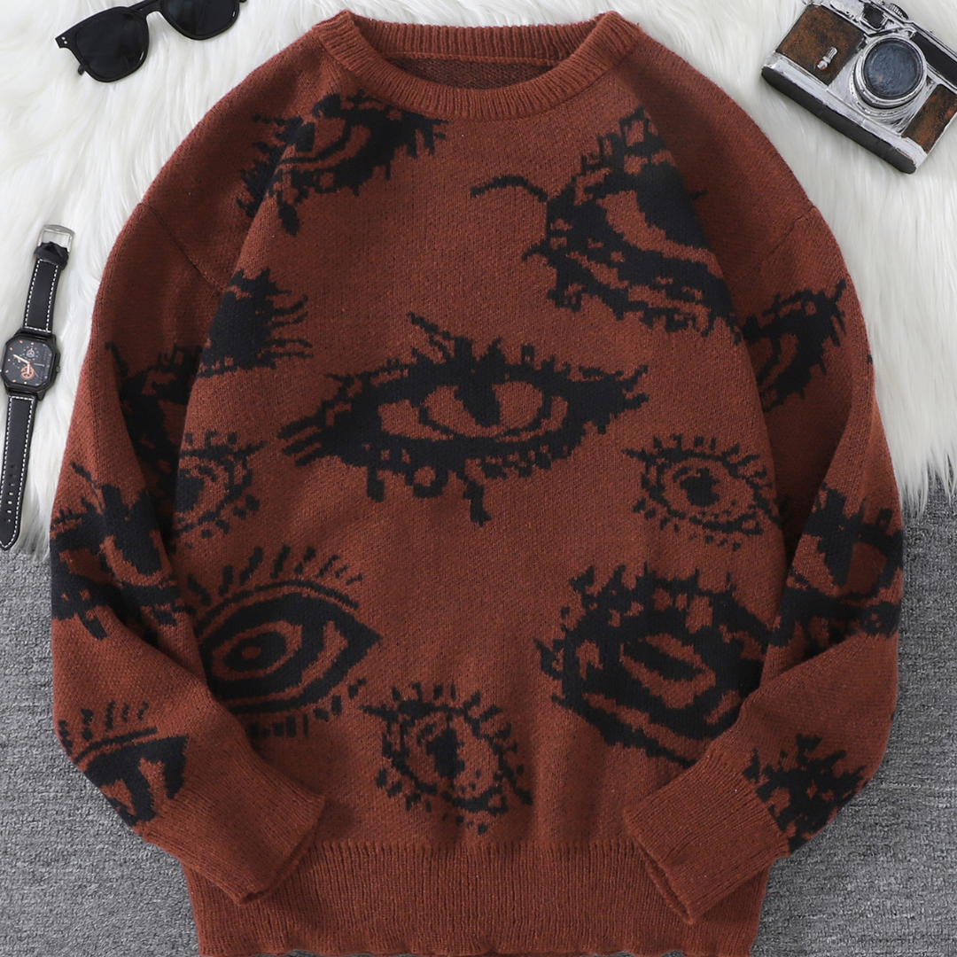 Beige lightweight round-neck jacquard knit sweater with abstract eye pattern for casual everyday wear