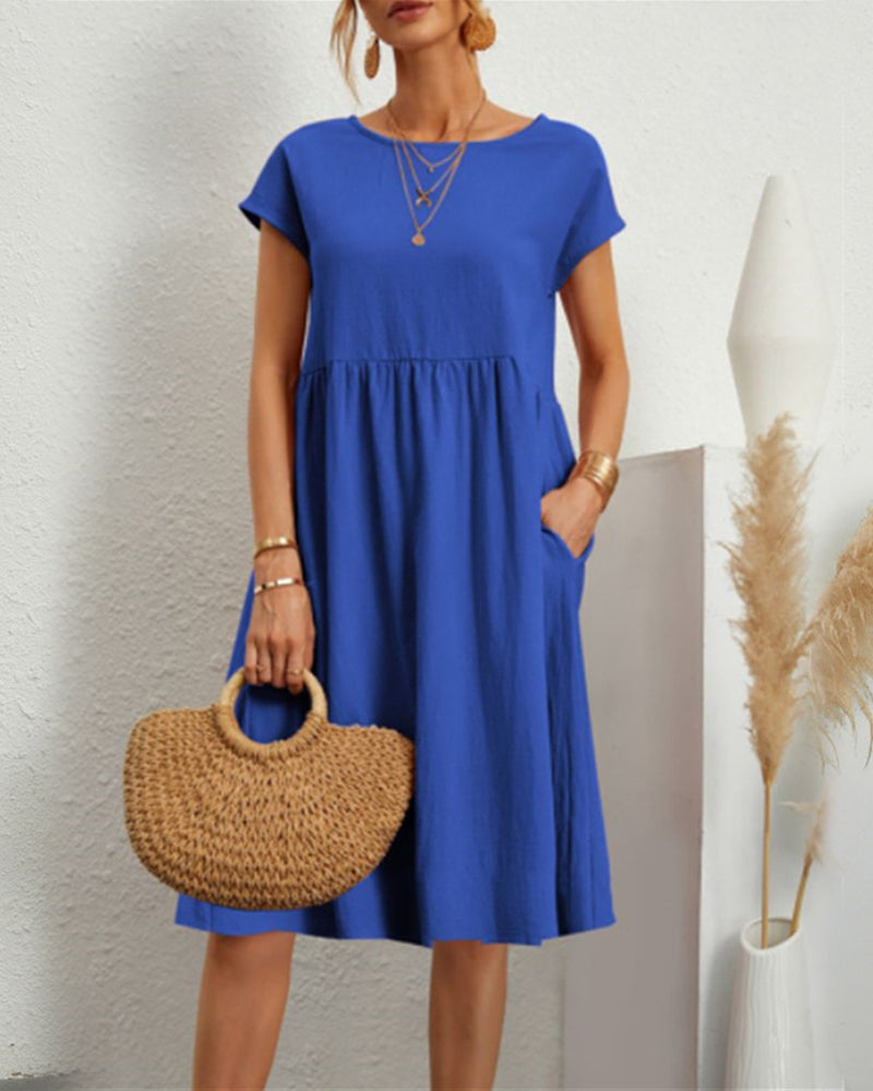Women's round neck midi dress with pockets, casual polished silhouette for everyday comfort