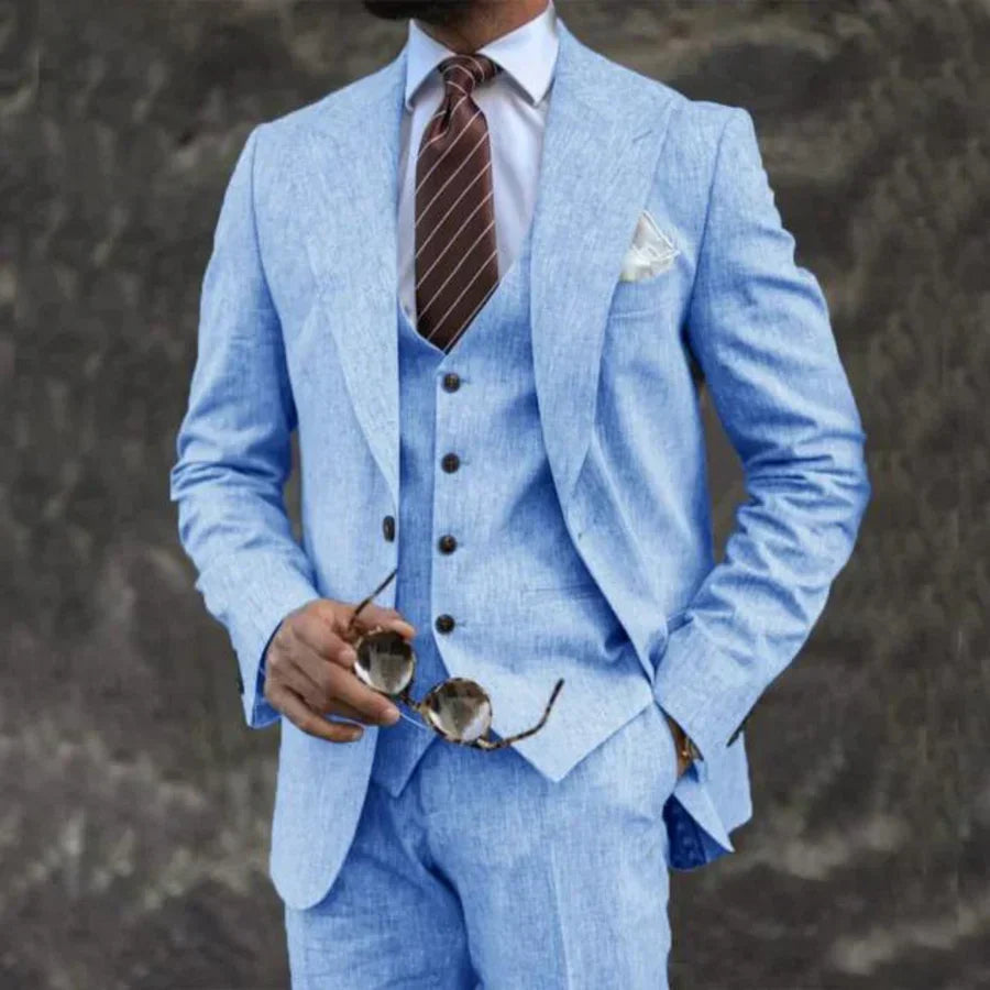 Carson men's light gray three-piece tailored suit lightweight cotton linen blend for weddings and business