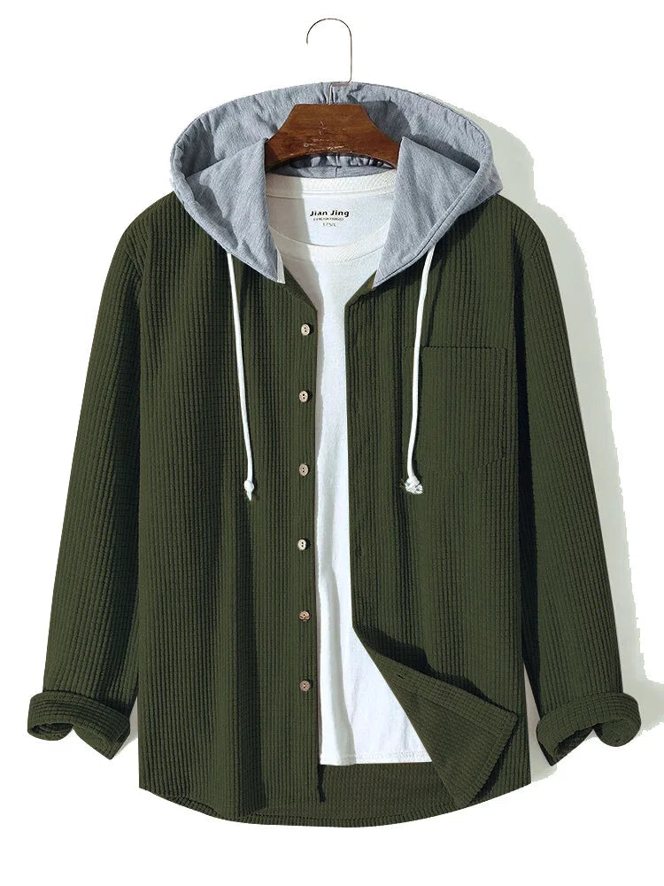 Men's waffle knit hoodie shirt relaxed fit cotton blend breathable textured casual button-up top