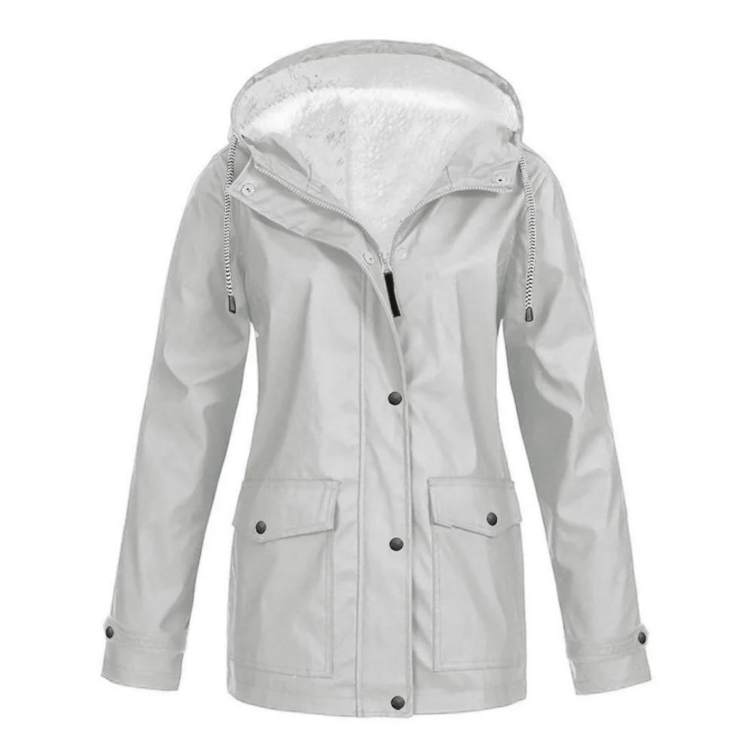 Women's long hooded rain jacket in neutral tone, adjustable details, full-torso coverage for wet weather