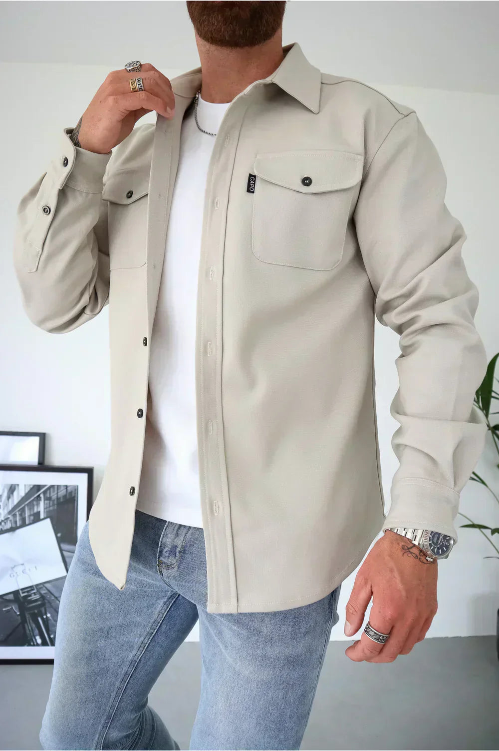 Men's relaxed fit cotton overshirt layering jacket in breathable brushed fabric for everyday wear