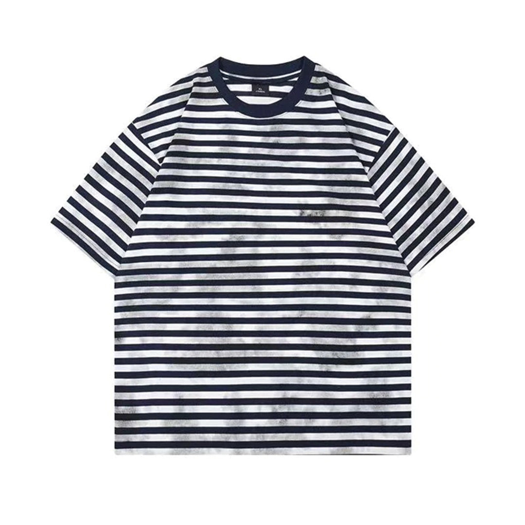 Sun-faded striped cotton tee with bleach grunge finish and cloud-wash texture for streetwear