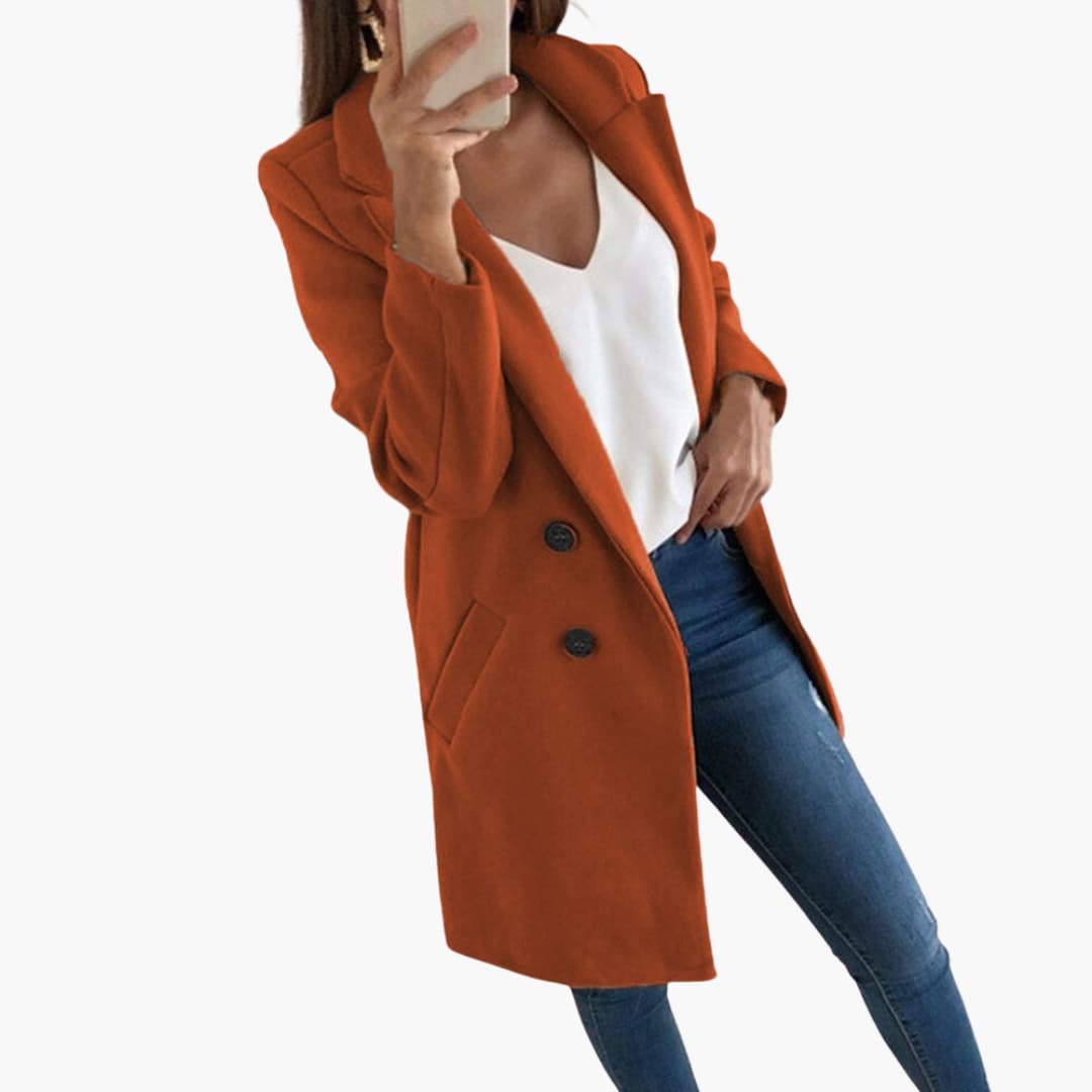 Women's long sleeve button-front coat with fold-over collar, cozy lined interior and side pockets