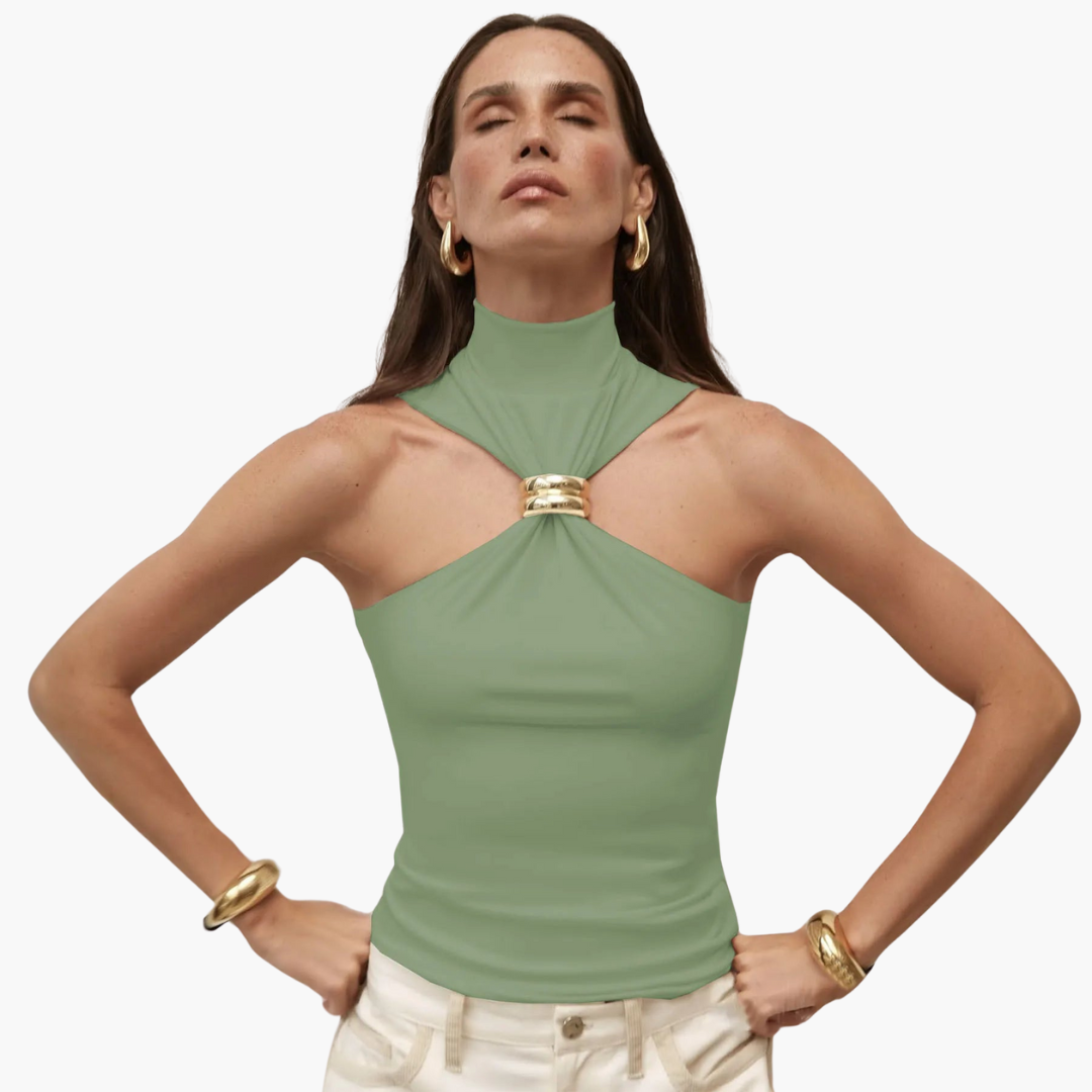 Women's black high neck halter top with bold gold accent centerpiece, sleek evening glam style