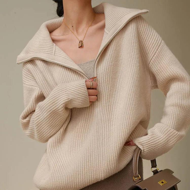 Women's half-zip knit sweater draped fit wide collar soft cozy minimalist everyday style