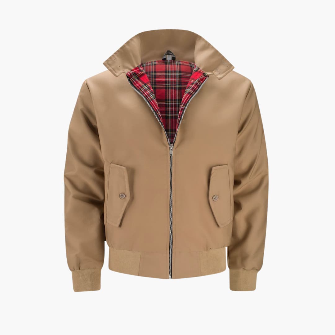 Men's ribbed cuff Harrington jacket with stand-up collar, textured exterior, and elastic hem for versatile styling