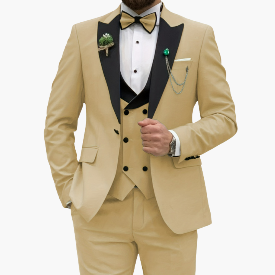 Men's slim fit three-piece suit navy contrast lapels single-breasted jacket vest trousers formal wedding