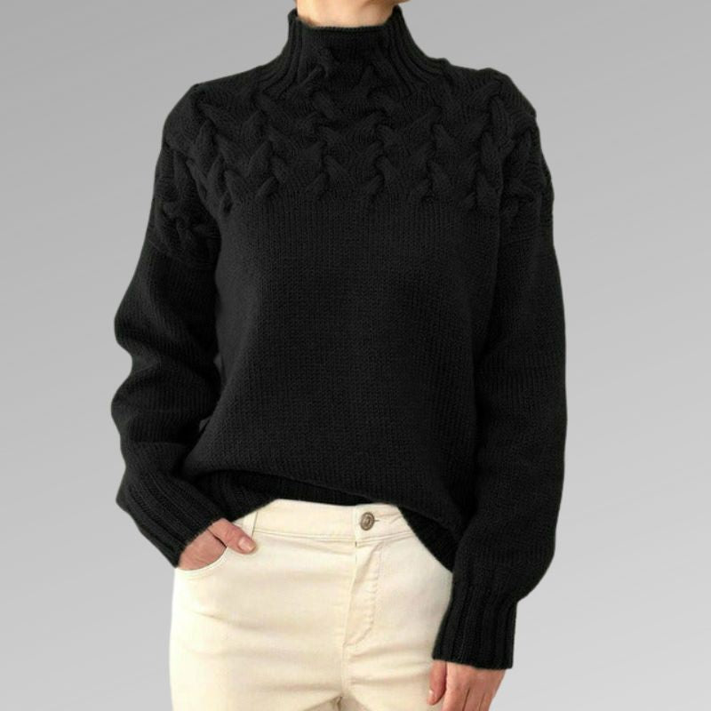 Neutral boxy rollneck sweater unisex cozy knit relaxed structured silhouette for office and everyday wear