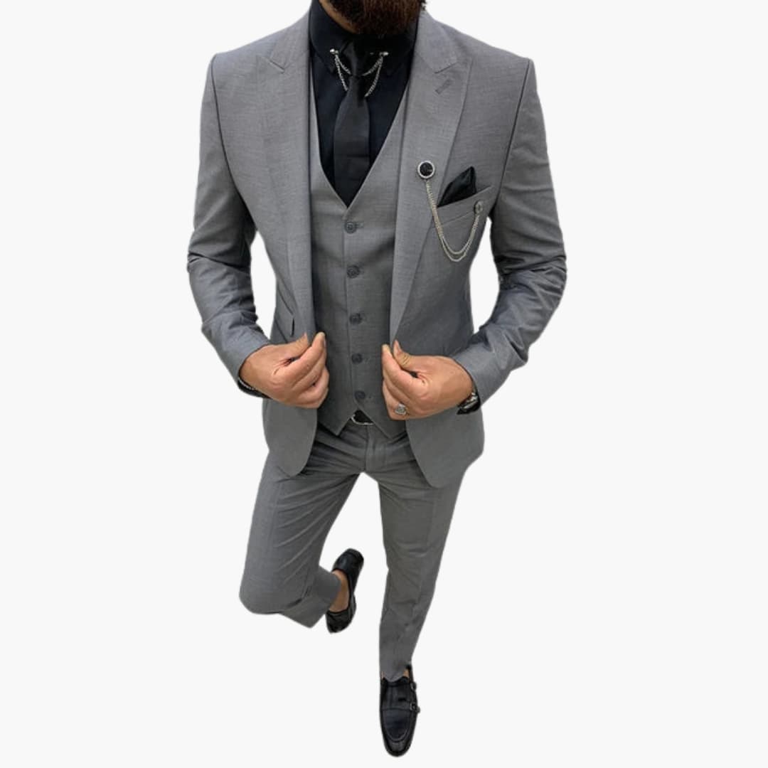 Slim fit 3-piece men's suit in classic dark tone, tailored silhouette for weddings and formal events