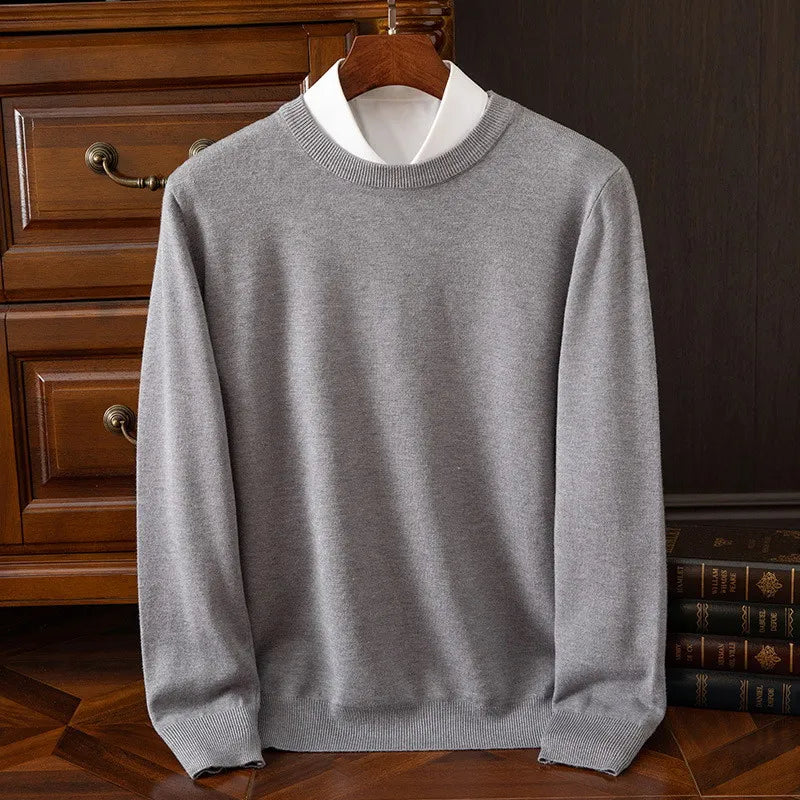 Men's camel cashmere O-neck sweater tailored fit with dense smooth knit ultra-soft warmth
