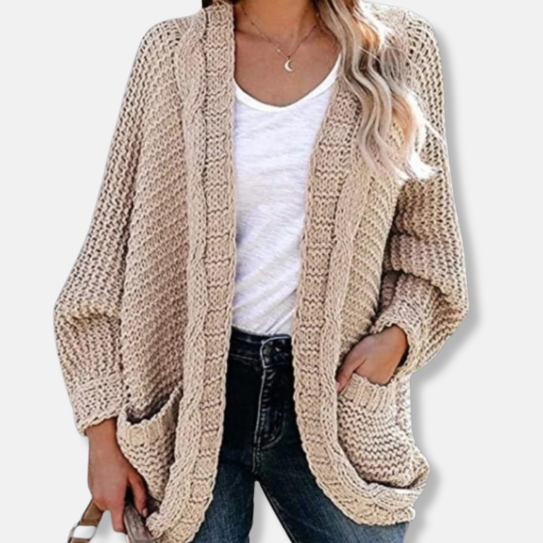 Isla wool oversized women's cardigan in cozy ribbed knit with open front pockets for effortless layering