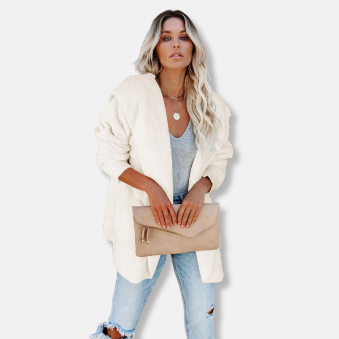 Women's oversized sherpa fleece hooded cardigan open front with pockets, ultra soft cozy fit