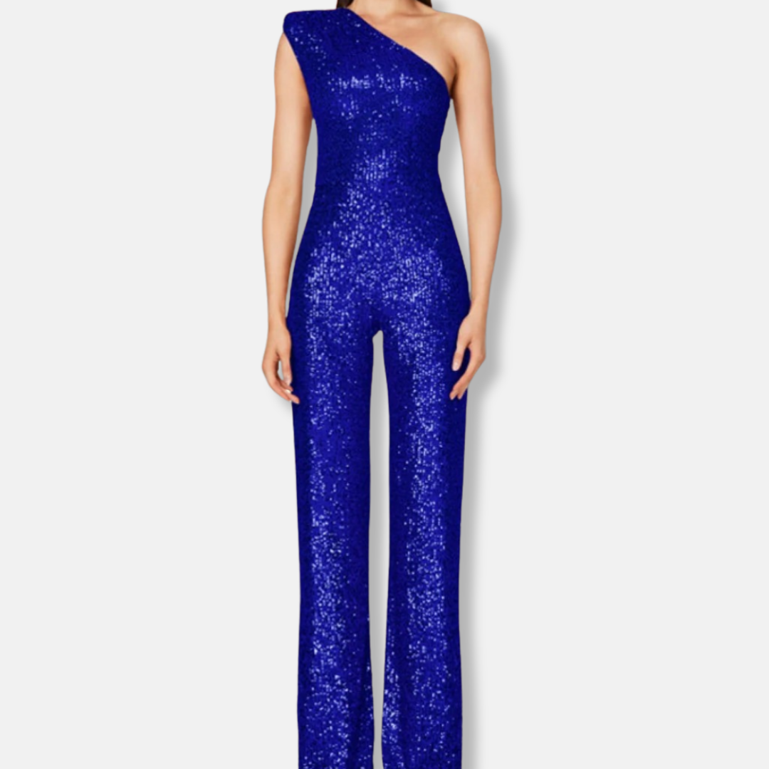 Women's silver sequined one-shoulder wide-leg jumpsuit sleeveless glamorous eveningwear silhouette