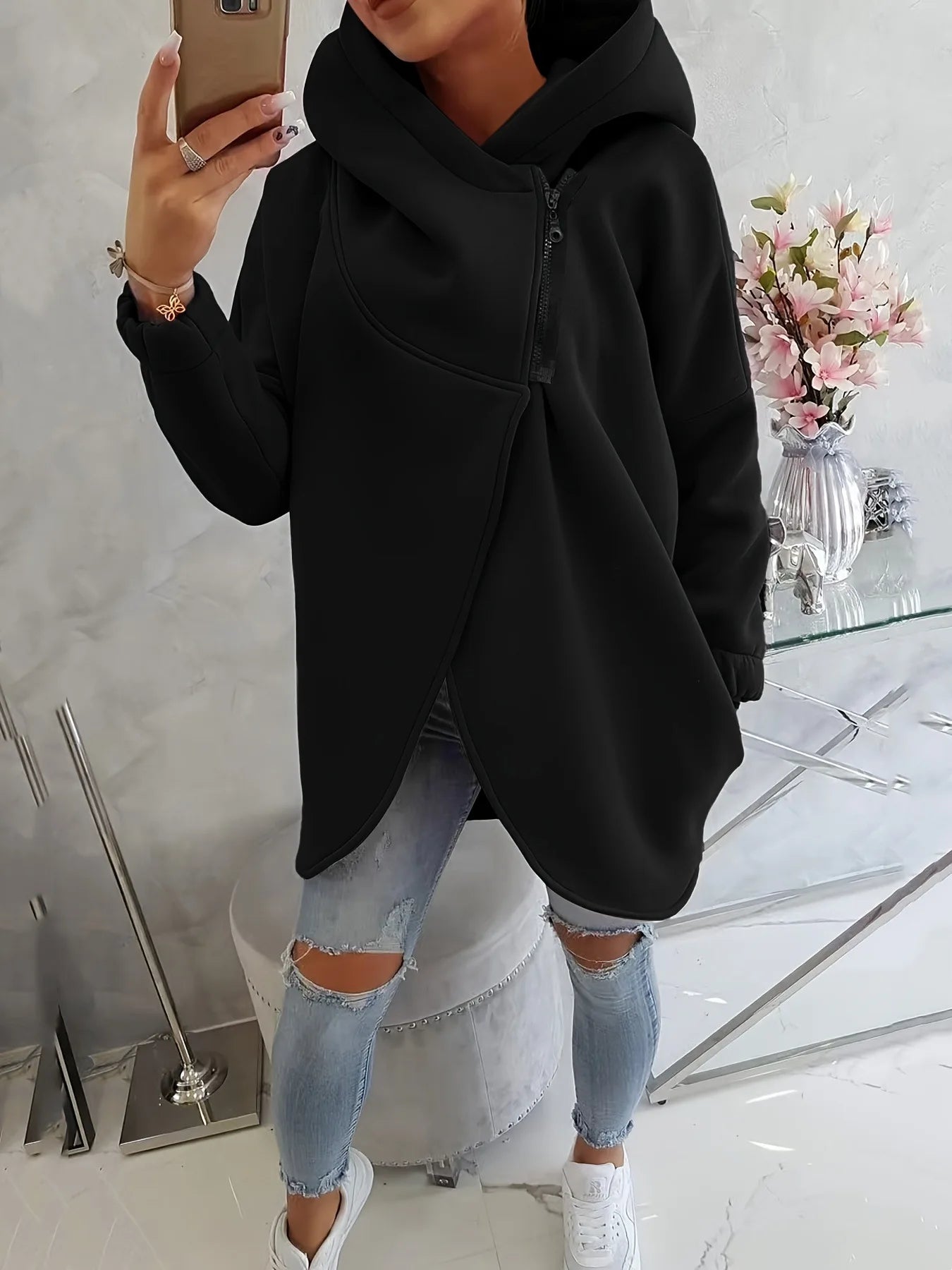 Women's asymmetrical zip hoodie wrap-front sculptural silhouette premium cotton blend streetwear