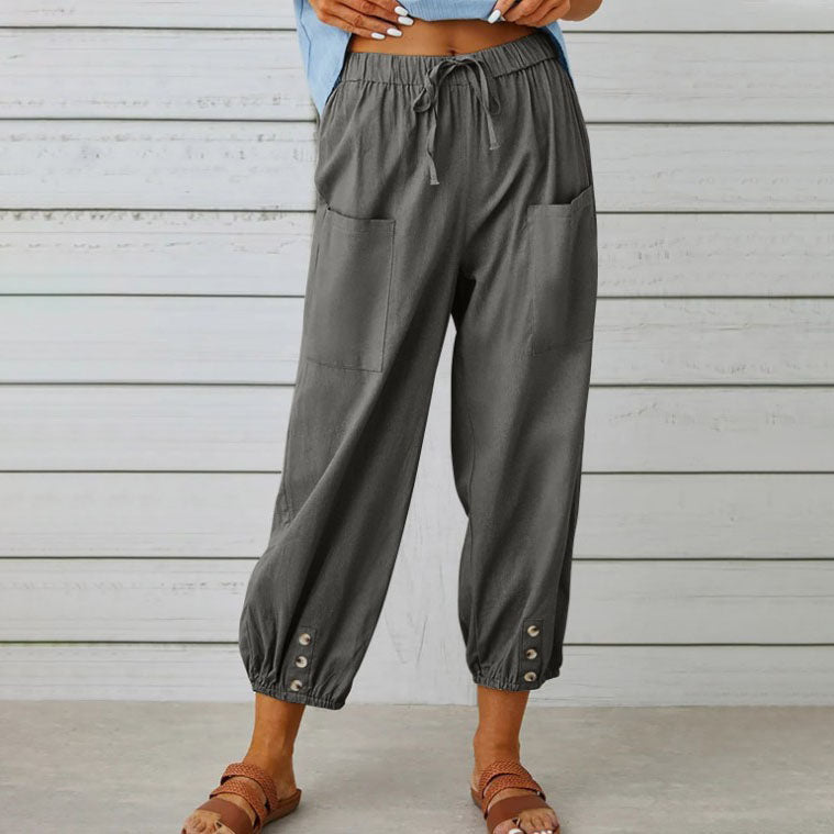Women's wide leg cotton linen blend pants, relaxed everyday silhouette with gentle stretch