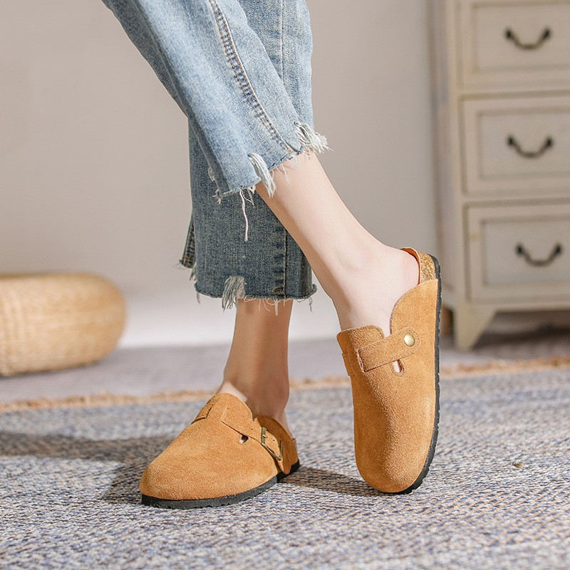Women's beige suede closed-toe slides with gold buckle detail, lightweight slip-on everyday flats