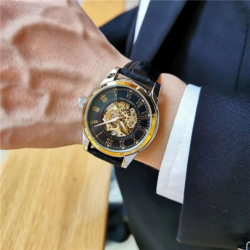 Marquis skeleton automatic watch exposed mechanical dial luminous hands self-winding collector timepiece