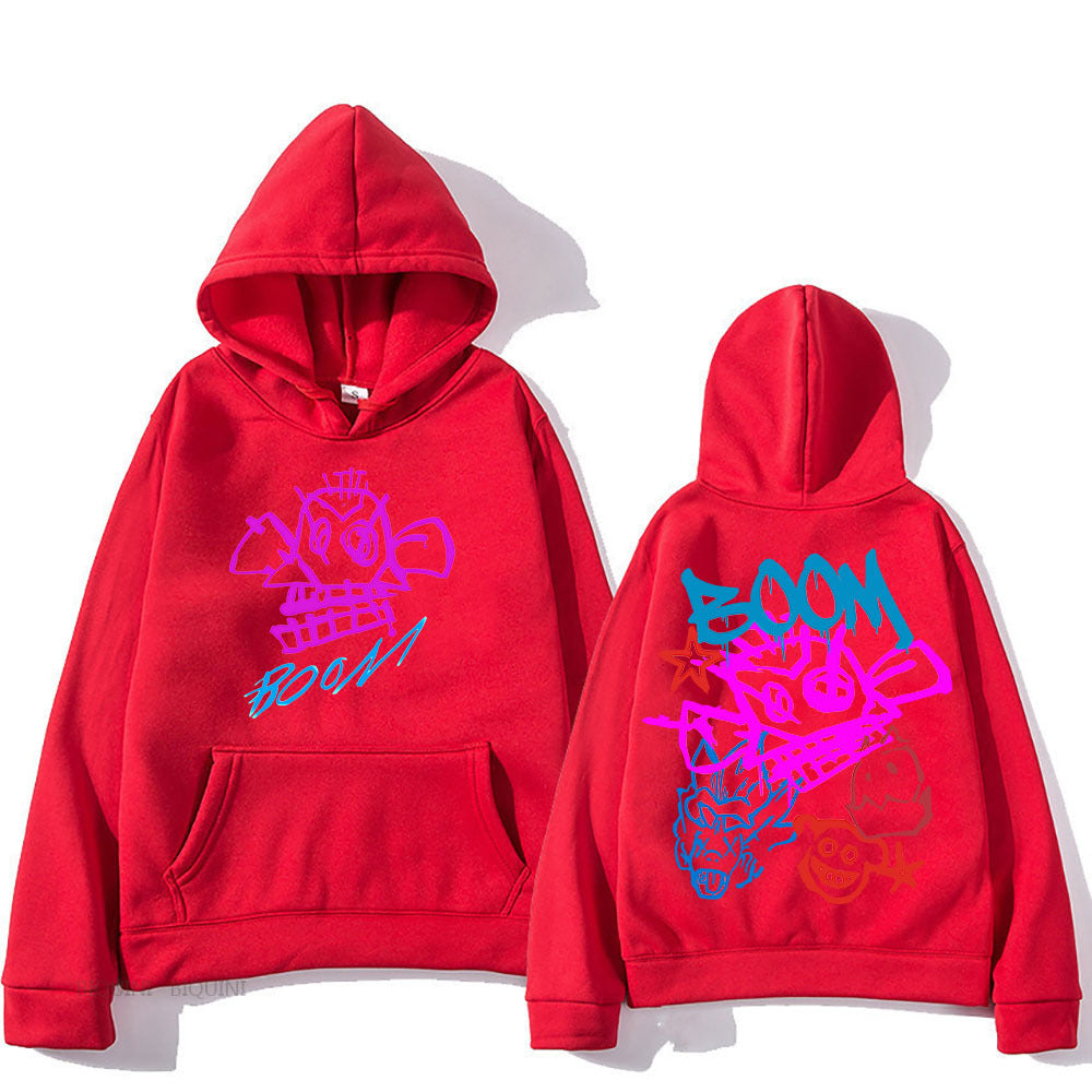 Blue long sleeve hoodie with vibrant Arcane Jinx cartoon print, soft polyester, relaxed fit for fans