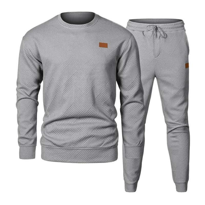 Men's gray jacquard two-piece sweatsuit set with diagonal weave texture matching top and bottom