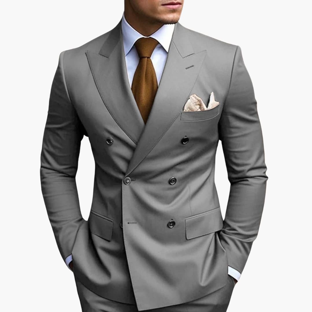 Men's navy blue double-button notched lapel suit set with straight-leg pants for modern tailoring