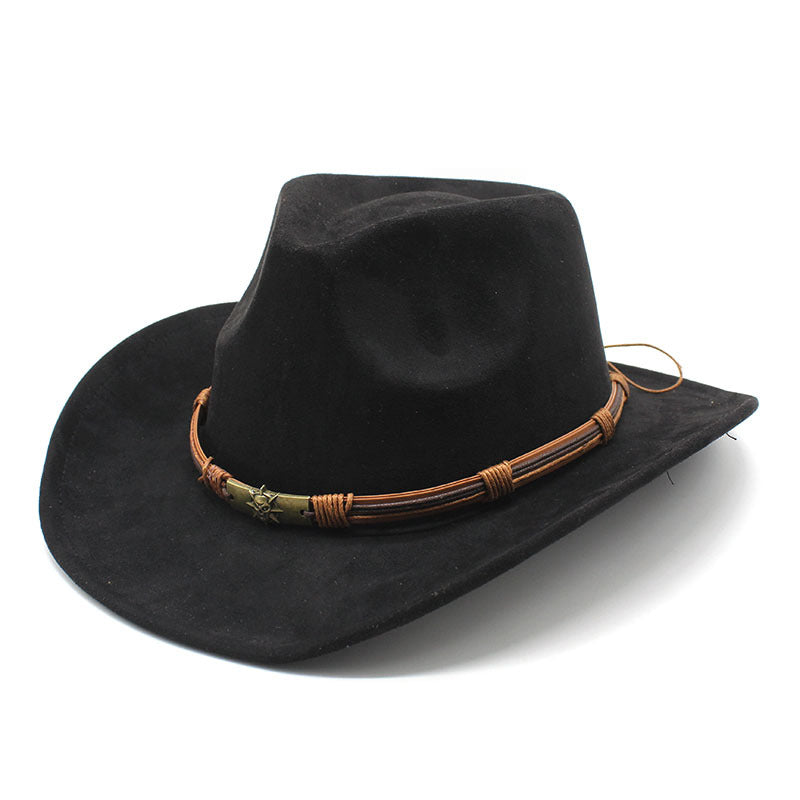 Men's suede western cowboy hat, retro curled brim, bold 8cm sun shield, all-season premium style