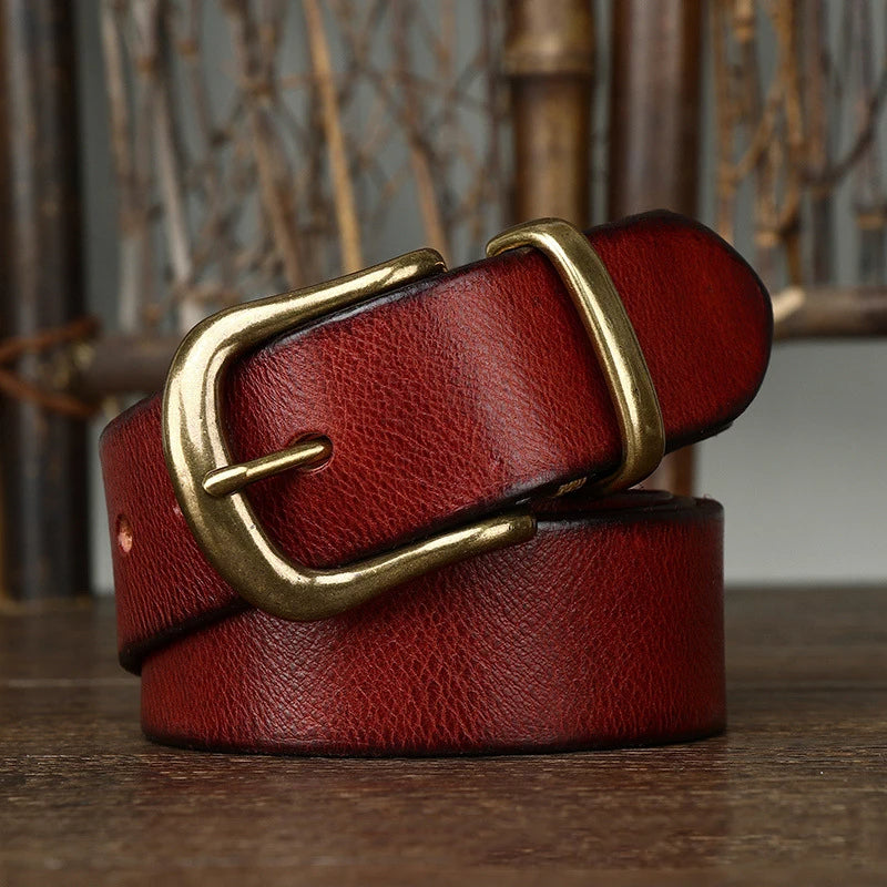 Men's full-grain leather belt tan brown classic cut solid brass antique buckle handcrafted everyday wear