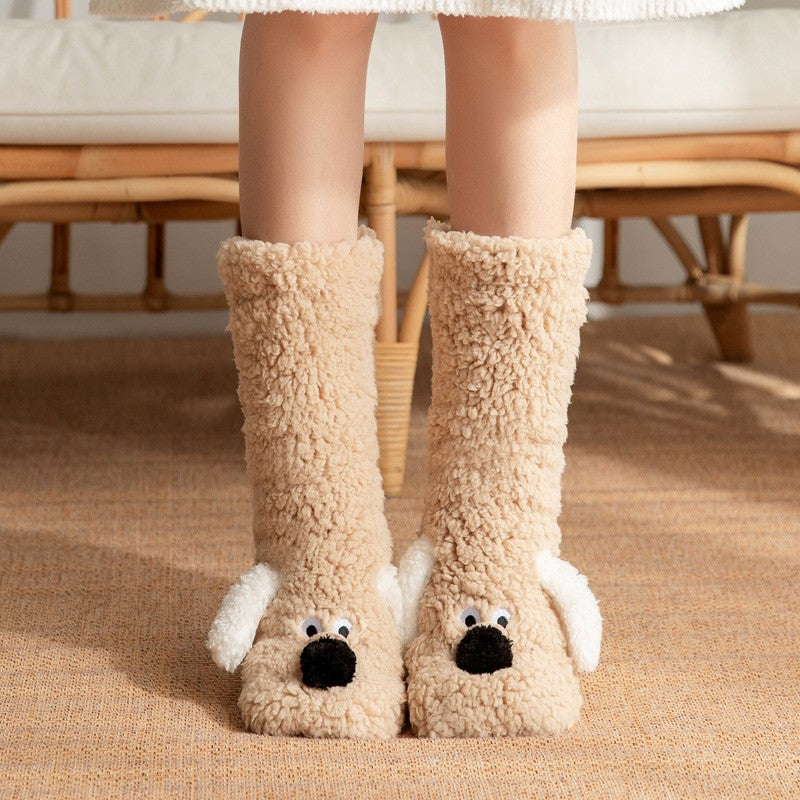 Women's plush fleece slipper socks mid-calf length with fuzzy dog applique for cozy home lounging