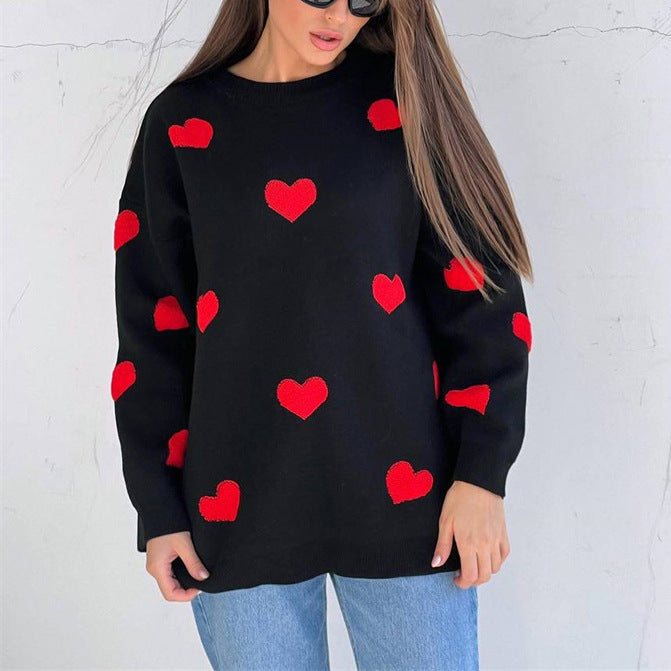 Women's oversized knit sweatshirt with cozy heart pattern, relaxed silhouette for effortless casual warmth